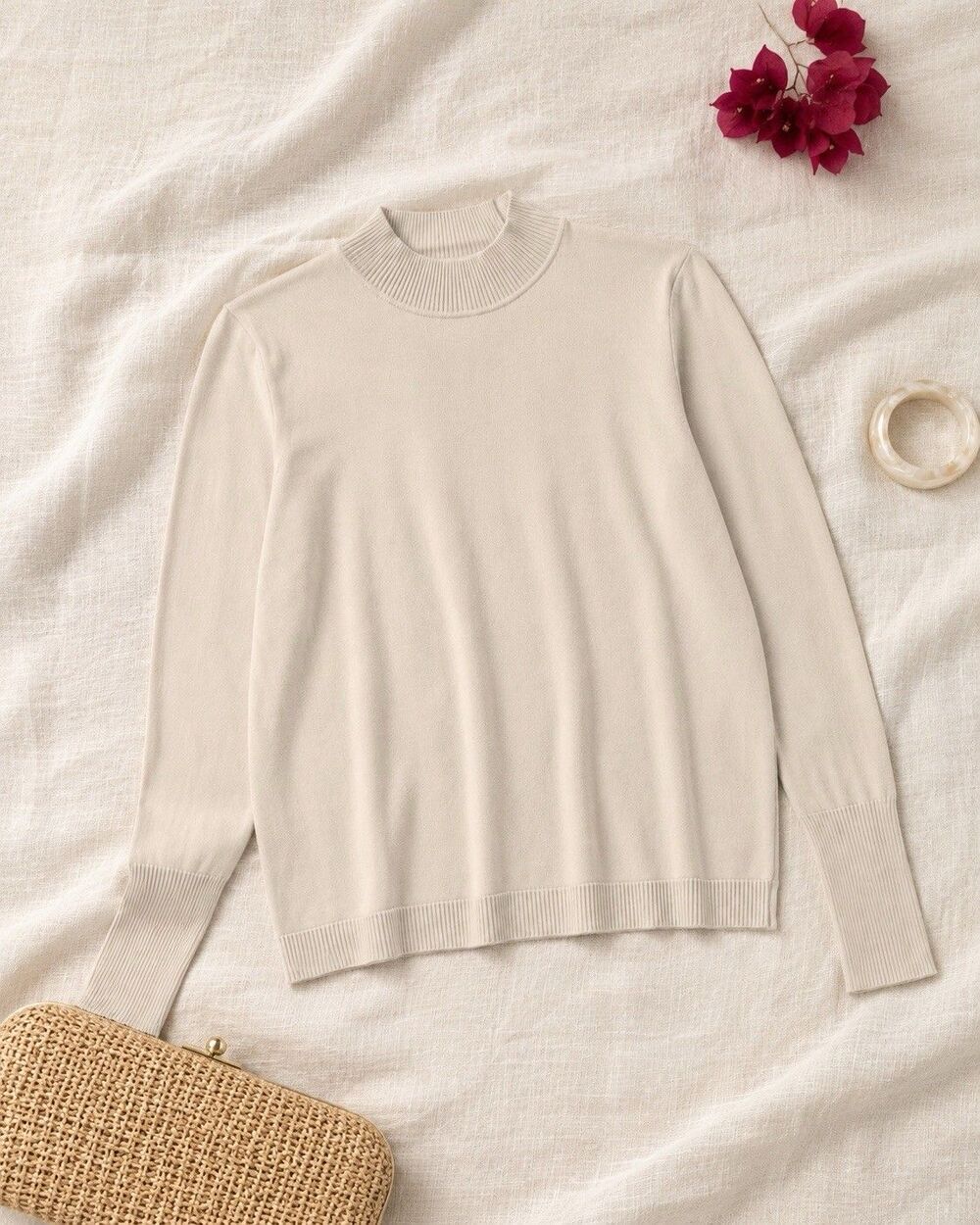 August Silk 1X Cream Silk Viscose Mock Neck Sweater